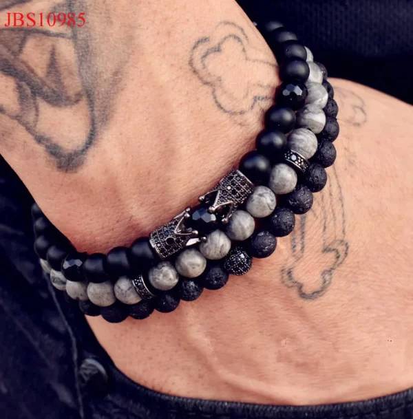 High Quality Hot Selling CZ Mirco Pave Ball Lion Charm Natural Stone Beads Elastic Bracelet Set Men Jewelry - Image 2