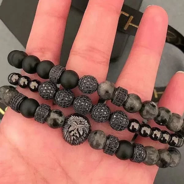 High Quality Hot Selling CZ Mirco Pave Ball Lion Charm Natural Stone Beads Elastic Bracelet Set Men Jewelry - Image 6